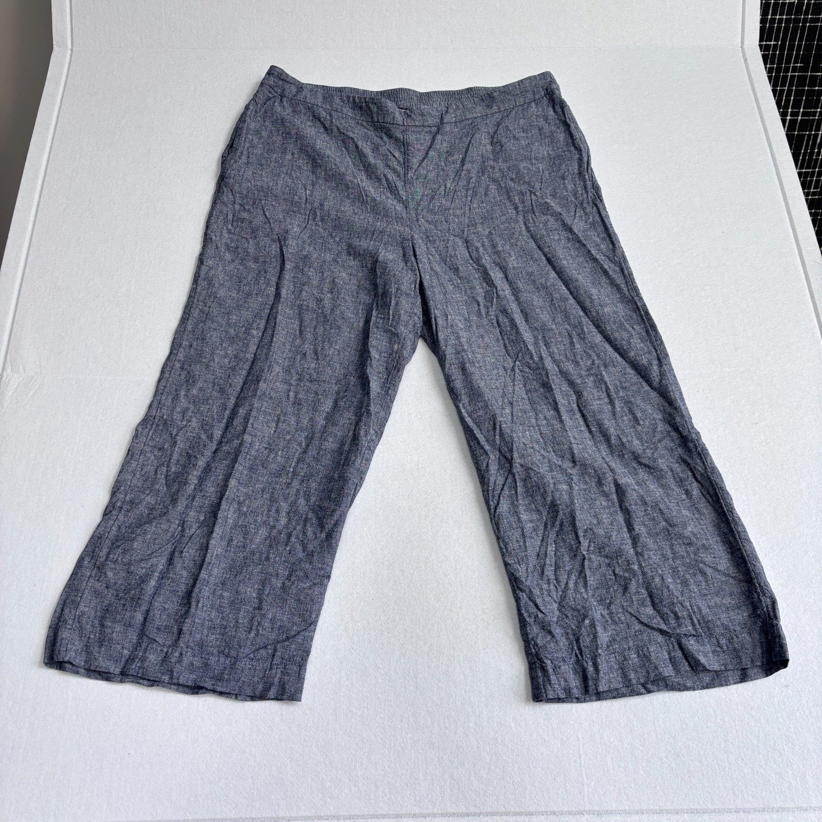 Chico's Linen Wide Leg Crop Pants Women's Xxl Blue Pull On Beachy Travel Comfort